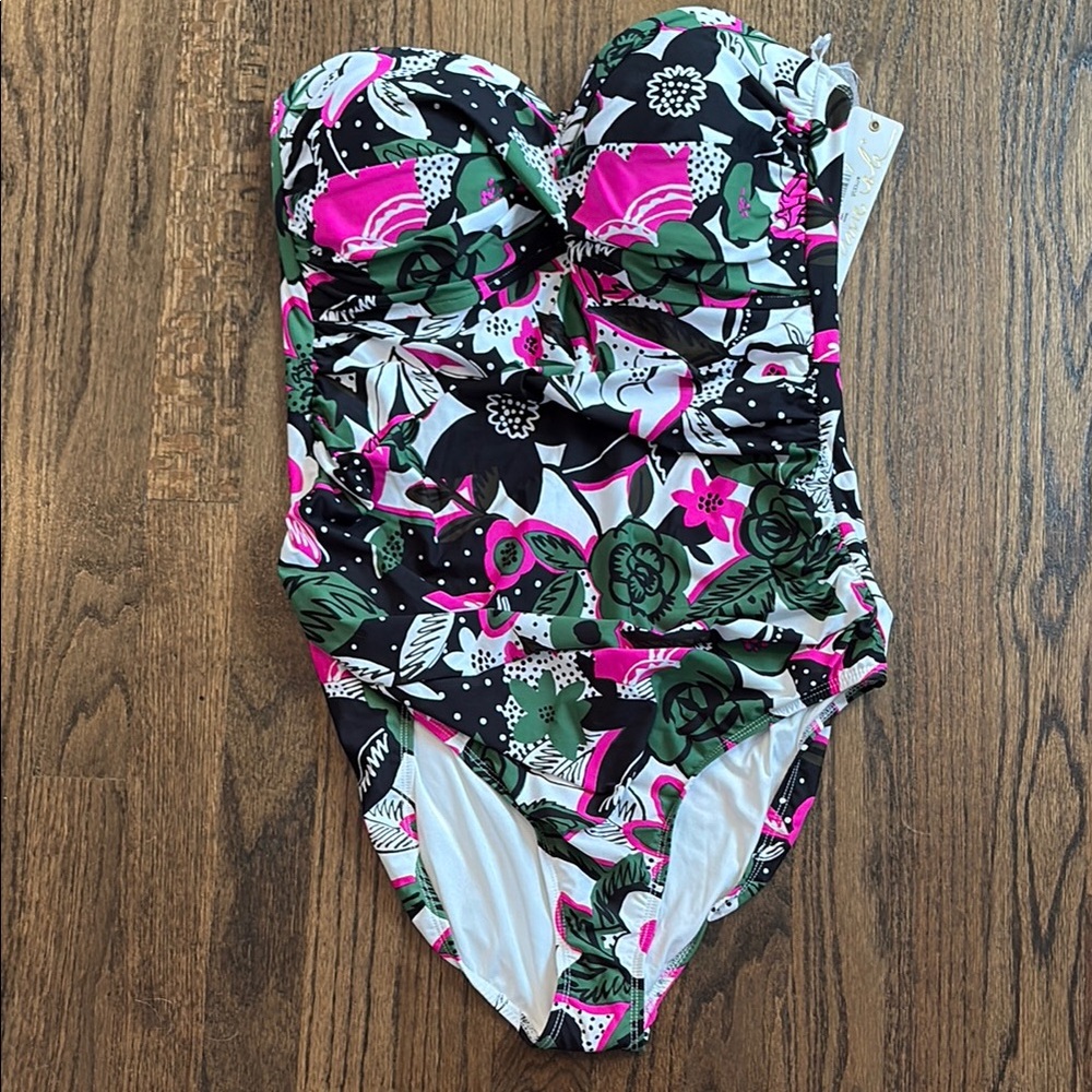 Anne Cole Pink and Green One Piece Twist Front Swimsuit with Sweetheart Neckline